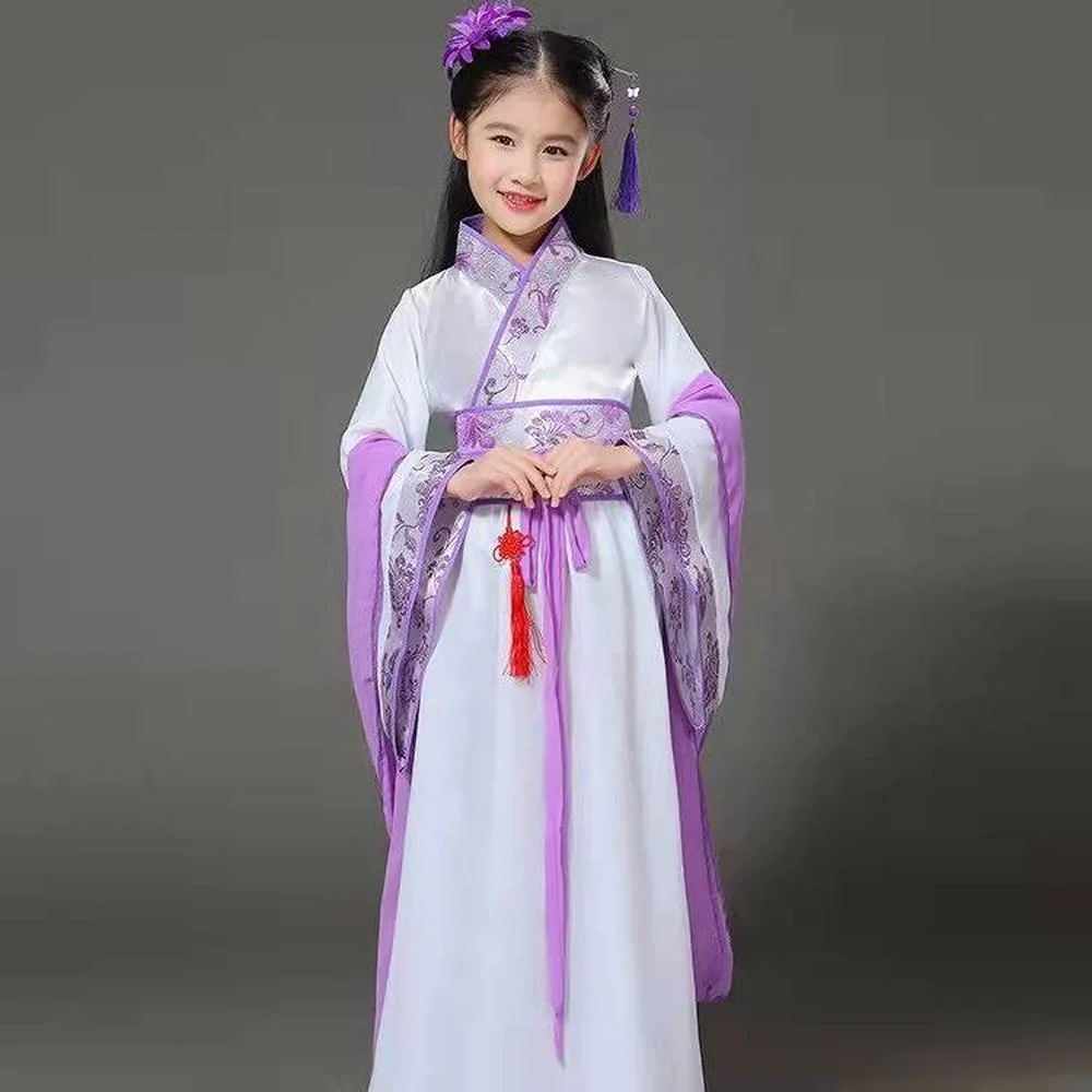 Antigo chinês tradicional traje hanfu crianças verão novo bonito solto bordado menina vestidos de fadas festa palco vestido