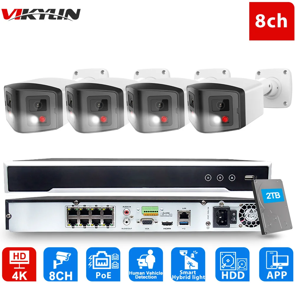 Vikylin 4MP Dual Lens Bullet Video Surveillance Cameras System 8CH Hik DS-7608NI-M2/8P OEM NVR Kit IP Camera CCTV Security Set