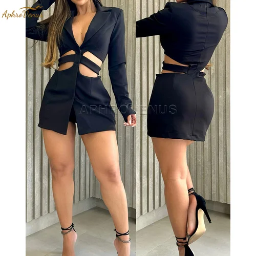 Conjunto de vestido calado y pantalones cortos ajustados con cuello en V para mujer, traje Sexy de dos piezas a la moda de verano, traje informal elegante de manga larga