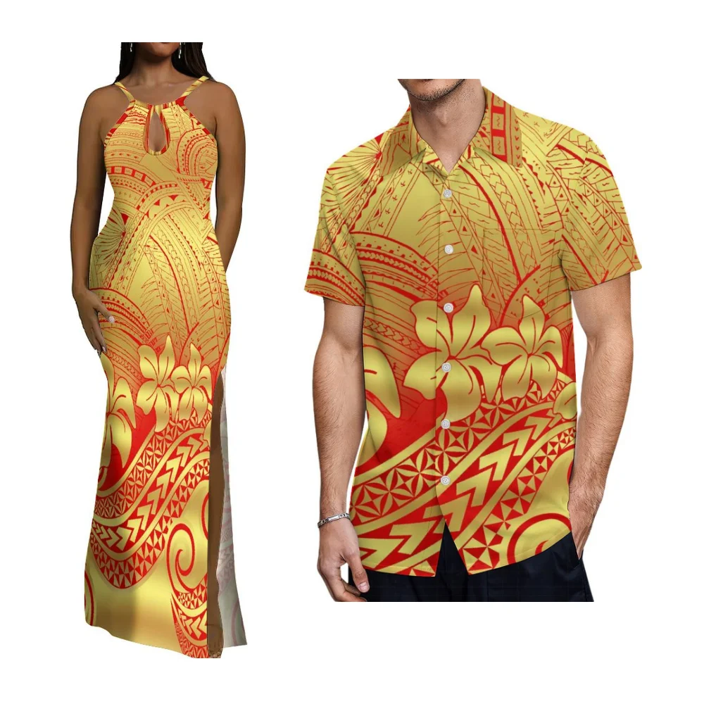 

Summer Women'S Sleeveless Dress Polynesian Floor-Length Elegant Long Dress Couple Set And Men'S Short-Sleeved Shirt