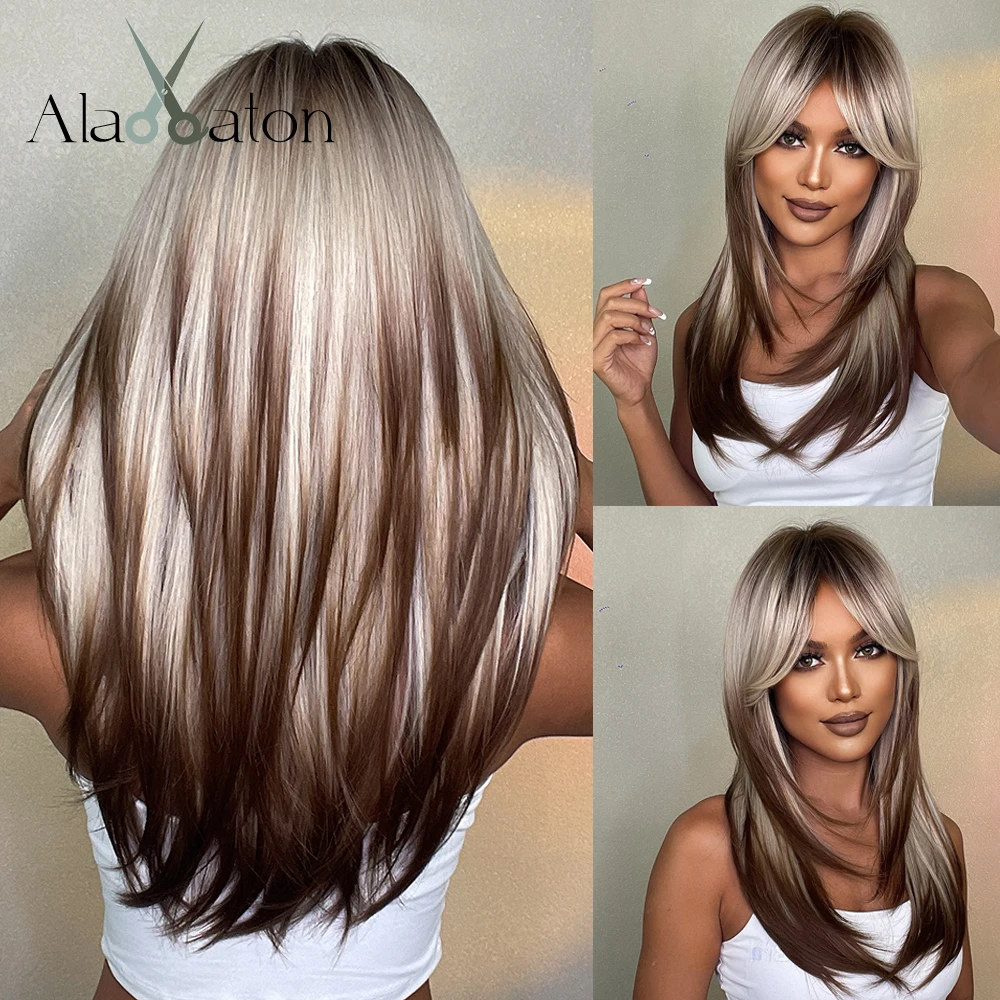 

ALAN EATON Blonde Layered Synthetic Wigs for Women Long Straight Brown Highlights Wigs with Bangs Balayage Hair Heat Resistant