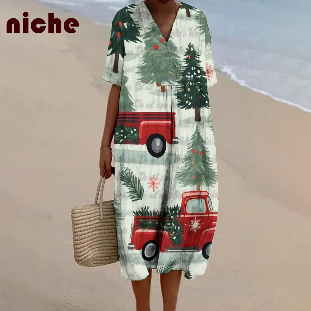 

Chic Women Dress Pine Car Graphic Printing High Quality Soft Bamboo Hemp Fabric Loose V-Neck Trend New Beach Skirt