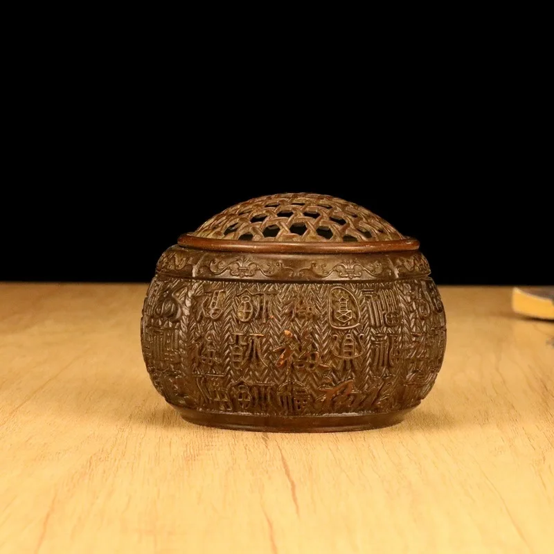 Antique bronze-style incense burner with a mesh cover, featuring a hundred blessings design, suitable for home, office, or Buddh