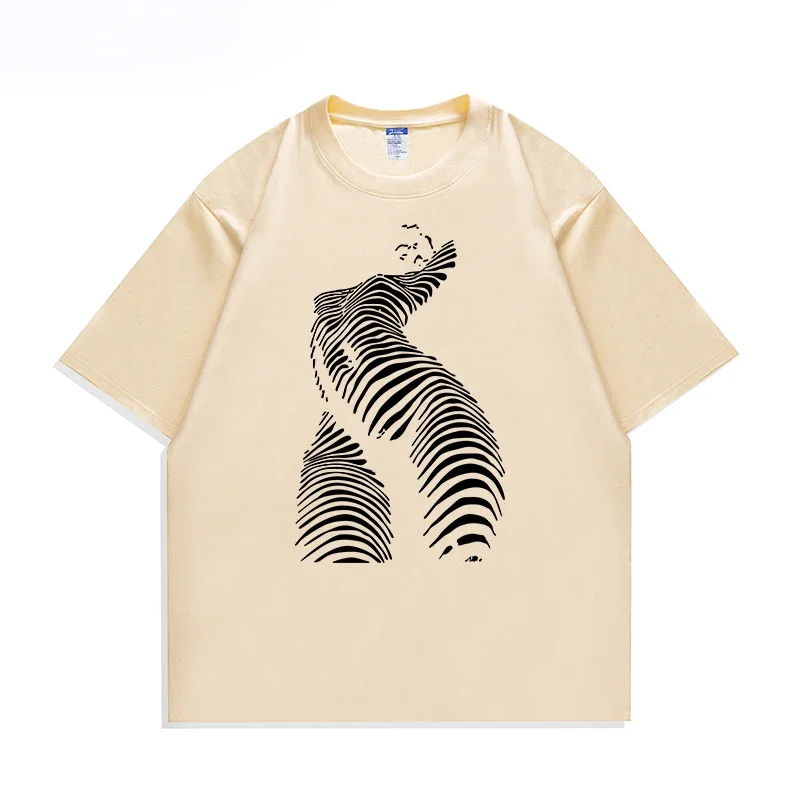 Nueva camiseta holgada de verano para hombre, camiseta pesada americana con personaje de arte lineal, ropa de calle de tendencia de moda, Harajuku Unisex