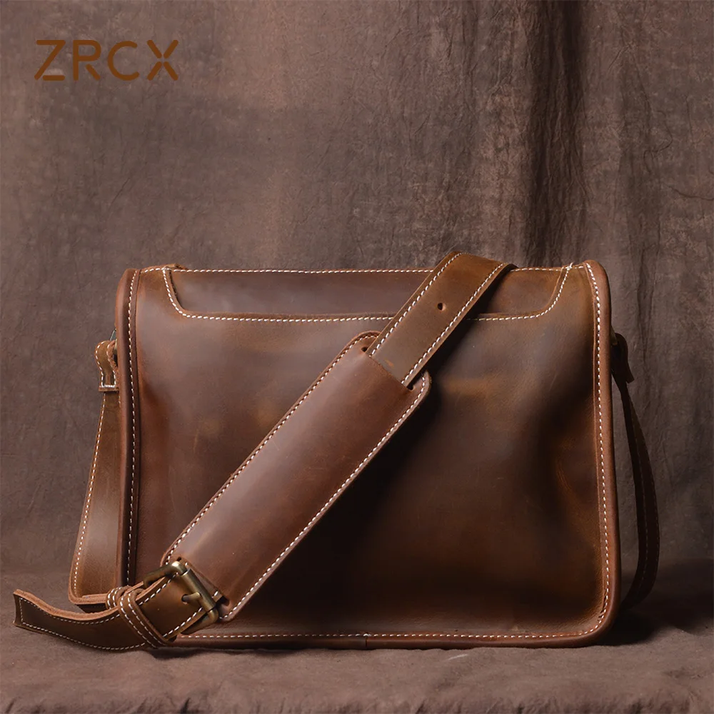 ZRCX Vintage Men Shoulder Bag Genuine Leather Crossbody Casual College Style Bag Messenger Bag 12.9 Inch Laptop Bags