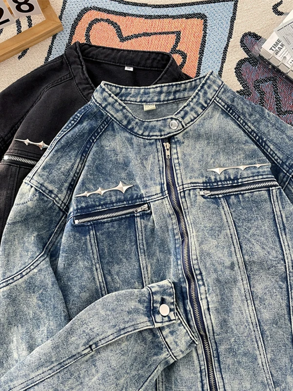 

Мужская джинсовая куртка Heavy Du Waed: модный дизайн, свободный крой, американский стиль, воротник-стойка, весна-осень