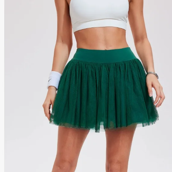 Golf Feather Tennis Sports Skirt Pants Double Layer Mesh Running Fitness Square Dance Half Skirt High Waist Elastic Waist for...