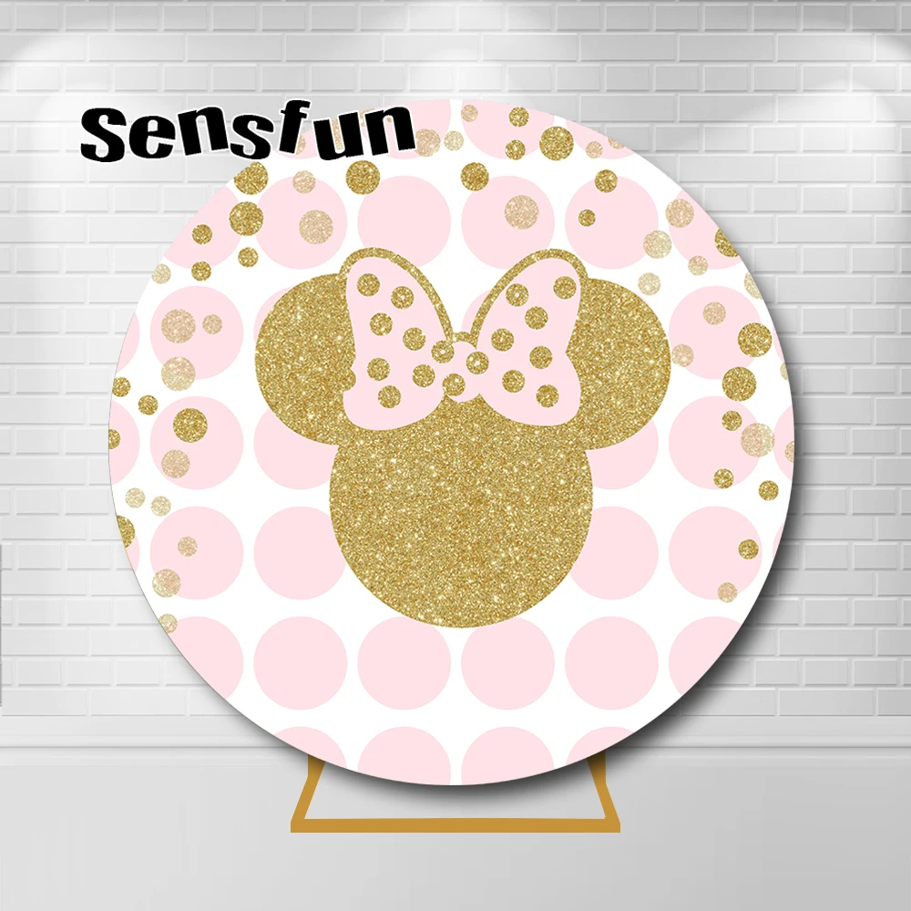 

Girls Newborn Baby Shower 1st Birthday Party Circle Background Pink Gold Glitter Minnie Head Round Backdrop Cover Elastic