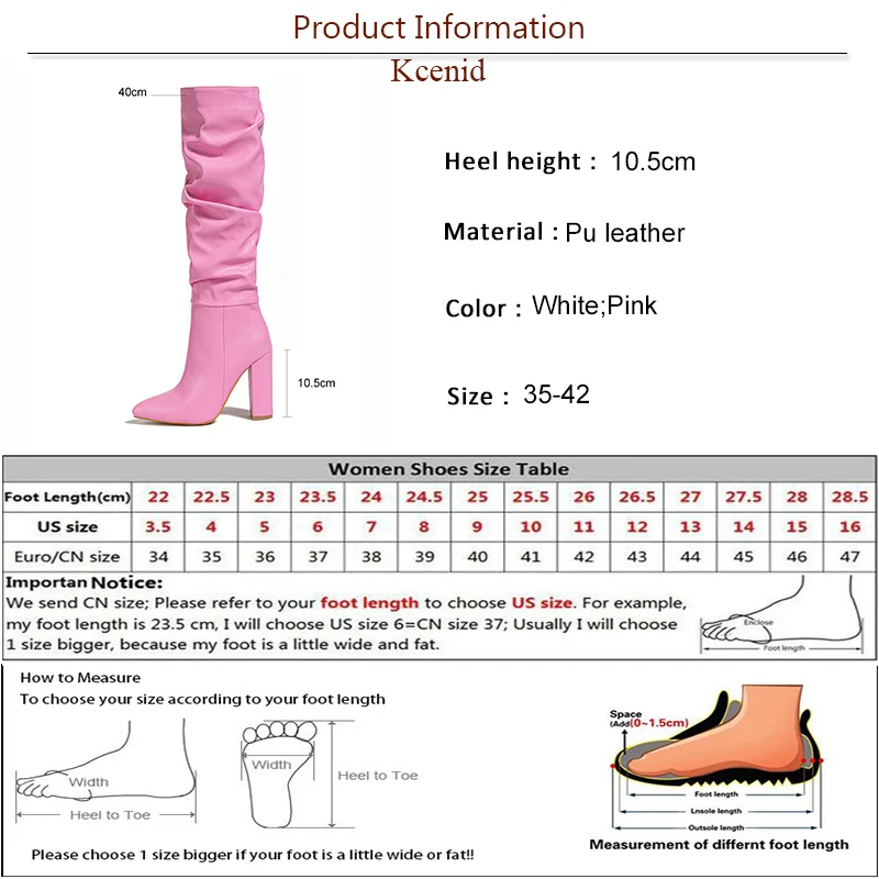 Kcenid Pink White Pleated Shoes Women Over-the-Knee Boots Sexy Pointed Toe Square Heels Ladies Long Zipper Female Shoes New