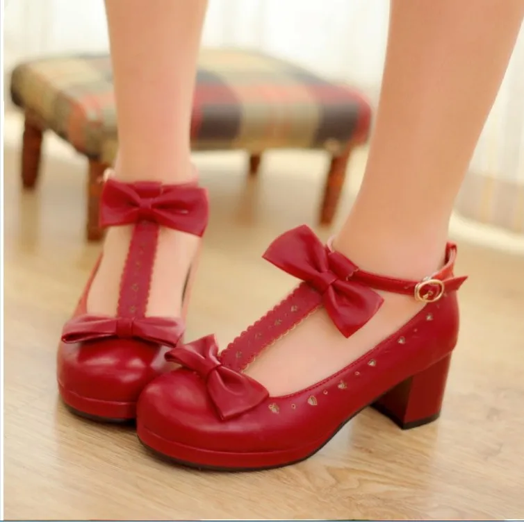 Sweet Lolita Shoes Round Head Cute Double Bowknot Kawaii Buckles Loli Shoes Anime Cosplay Women Girl Shoes High Heels 6.5cm