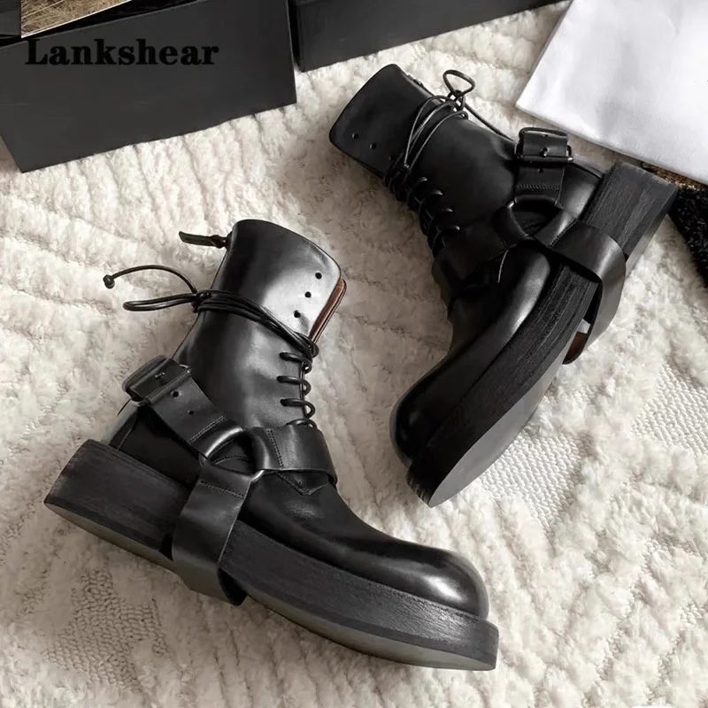 Thick-Soled Lace-Up Motorcycle Boots Women\'s Autumn Winter Mid-Heel Sling Rear Zipper Leather Buckle Decoration Lace-Up Boots