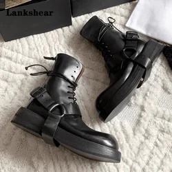 Thick-Soled Lace-Up Motorcycle Boots Women's Autumn Winter Mid-Heel Sling Rear Zipper Leather Buckle Decoration Lace-Up Boots