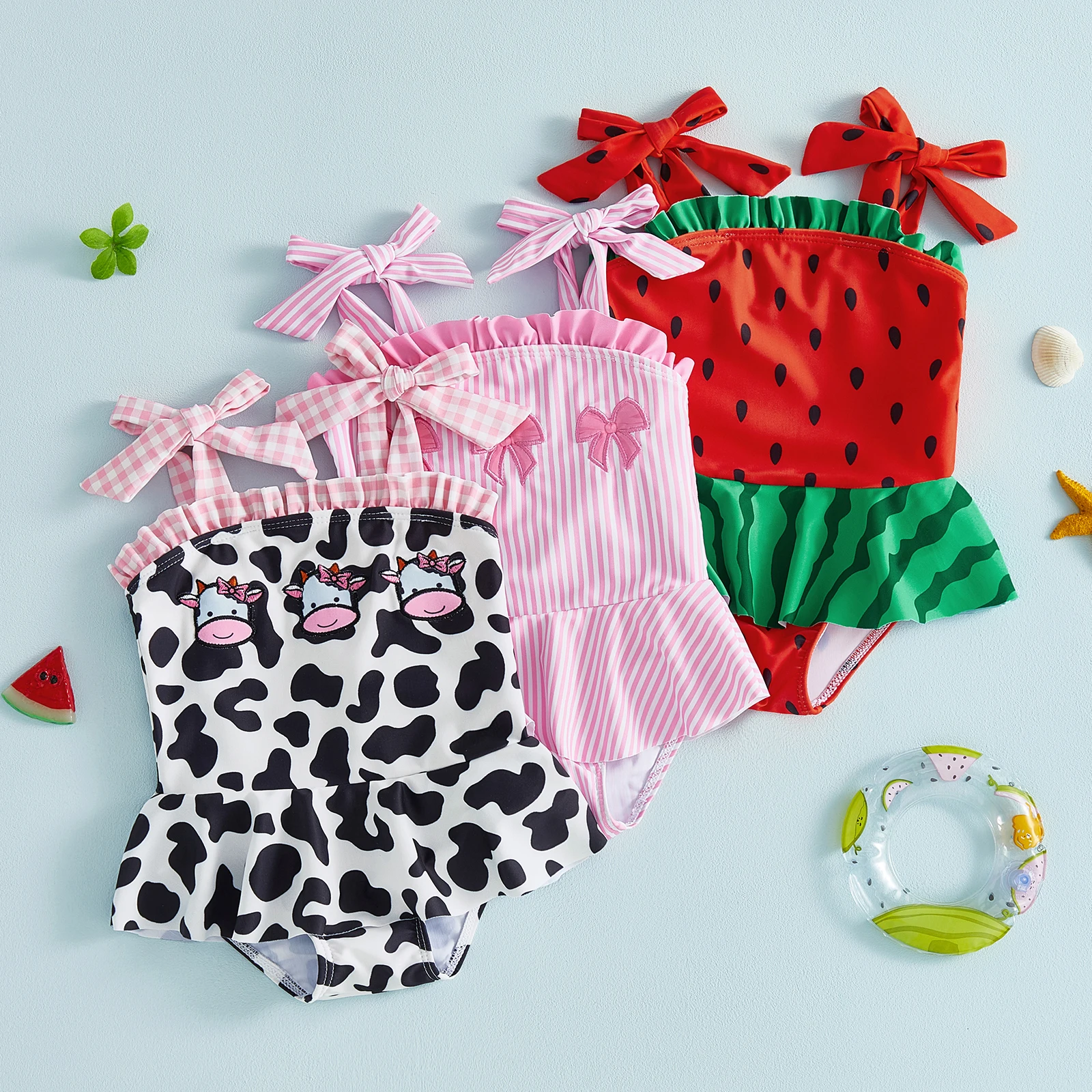 0-3 Months Toddler Girl Swimsuit Summer Sleeveless Tie up Straps Ruffle Trim Decor Cute Skirted Swimwear