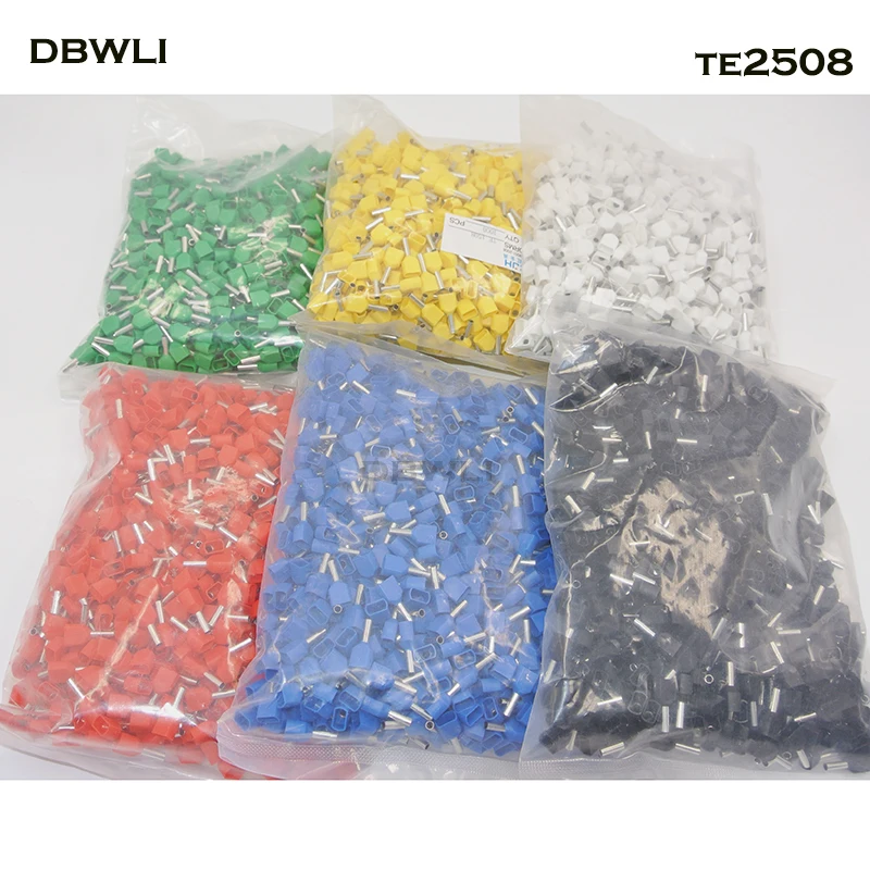 1000pcs/lot TE2508 2x2.5mm2 Bootlace cooper Ferrules kit set Wire Copper Crimp Connector Insulated Cord Twin Pin End Terminal