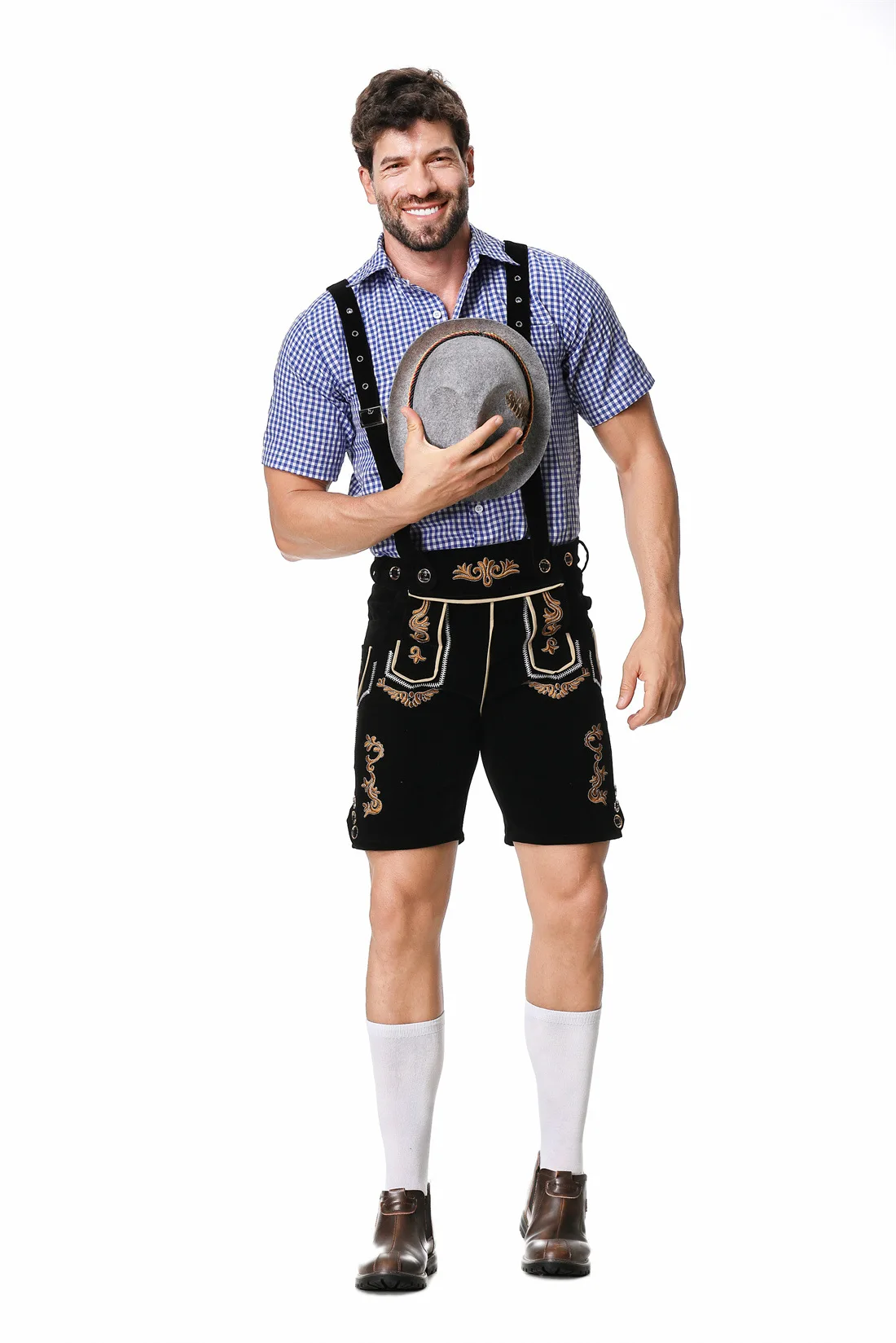 Mens Oktoberfest Bavarian Beer Costume German Bavarian Shorts Outfit Overalls Shirt Hat Suspenders Short Set Halloween Costume