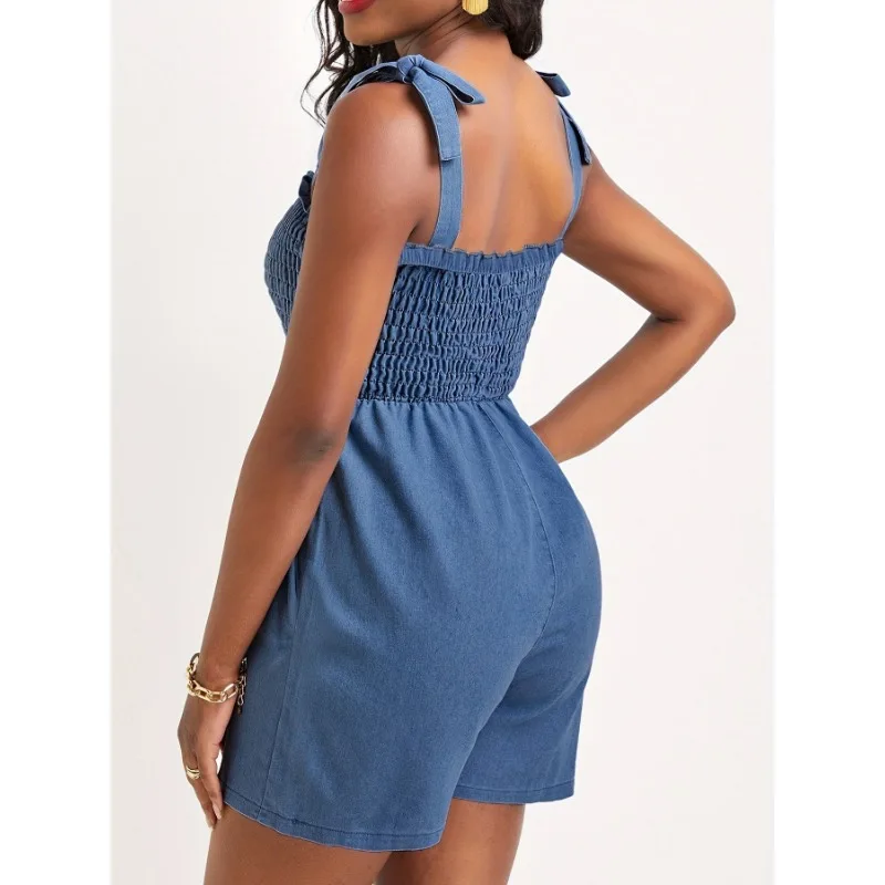 2024 Summer New Fashion Women's Solid Pleated Pocket Design Denim Short Jumpsuit Female Casual Sleeveless Loose Suspender Romper
