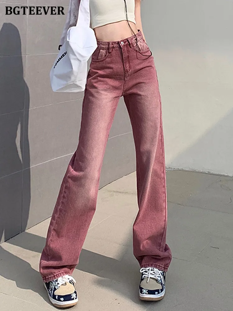 

BGTEEVER Vintage High Waist Single Button Female Straight Jeans Spring Summer Loose Pockets Washed Women Long Denim Pants