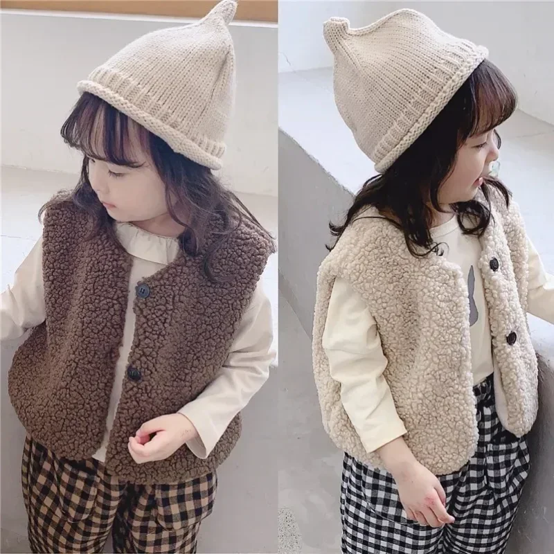 Autumn Winter Baby Lamb Wool Plus Velvet Waistcoat Girls Boys Plush Vest Single Breasted V Neck Child Warm Fashion Warm Coat image 3