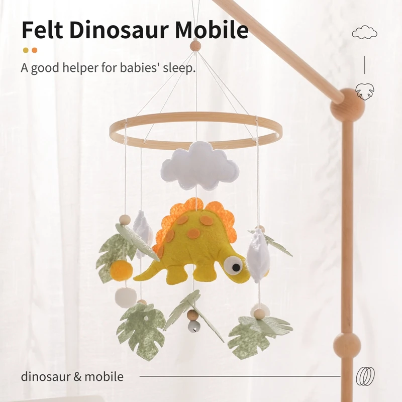 Baby Felt Dinosaur Bed Bell Hanging Toy 0-12 Month Newborn Wooden Mobile Music Rattle Toy Crib Holder Bracket Infant Accessories