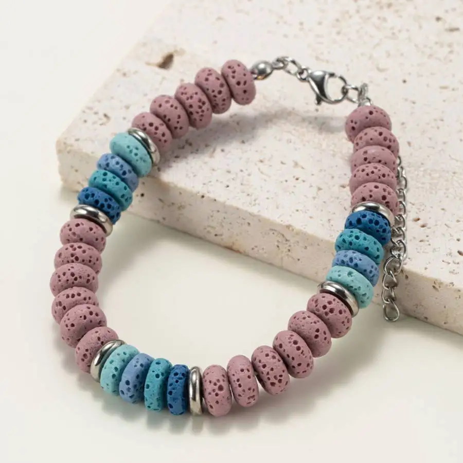 

Handmade Colored volcanic stone partition panels bracelet,men's cuff button bracelet,Ramadan prayer bead,women's meditation