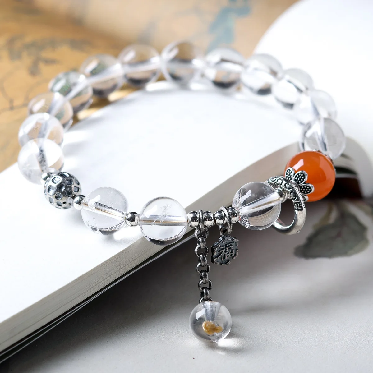 Natural White Crystal New Chinese Style Bracelet with Red Agate and 925 Silver Beads Elastic Stretch Hand Jewelry Gifts