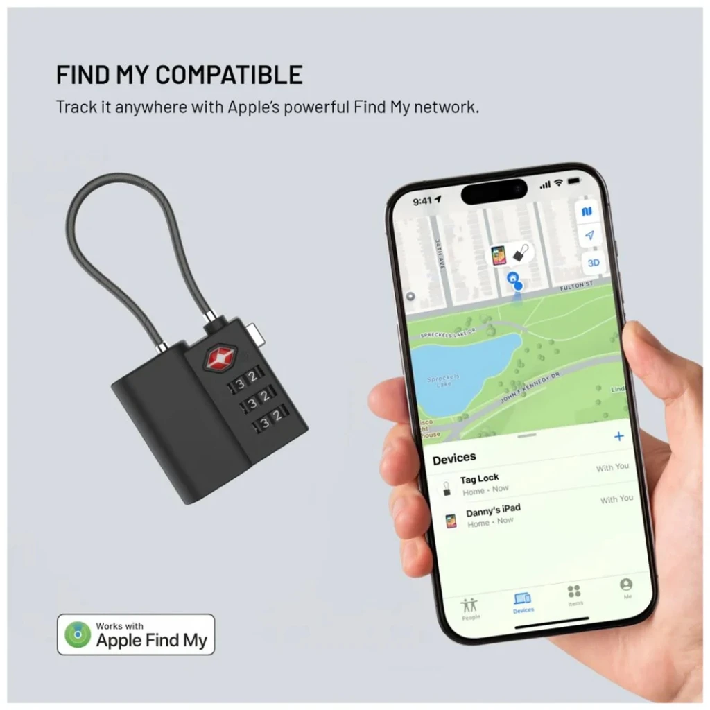 Smart travel lock with Apple Find My. Steel cable, TSA dial, IPX4 resistance, Sound signal and USB-C charging with up to 3 month