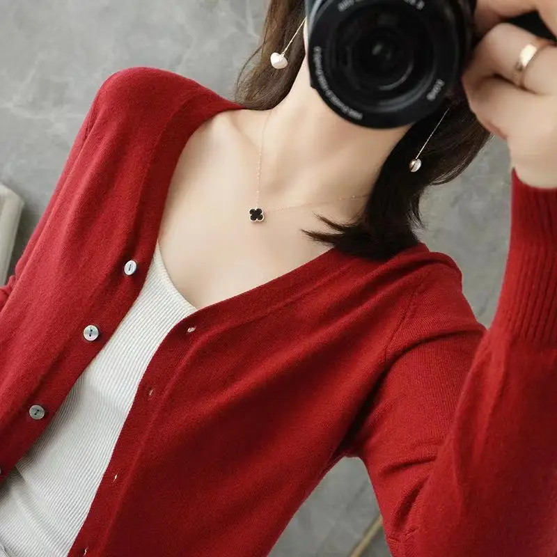 Solid Color Knitted for Women Cardigan Korean Single Breasted Long Sleeve Jumper Autumn Lady V-Neck Knitted Cardigan Outwear