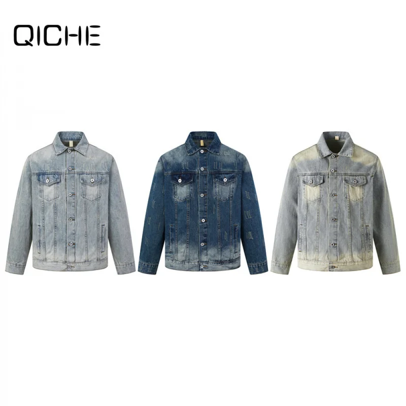 QICHE Men's Yellow Mud Washed Denim Jacket American Retro Gradient Workwear Loose Casual Coat