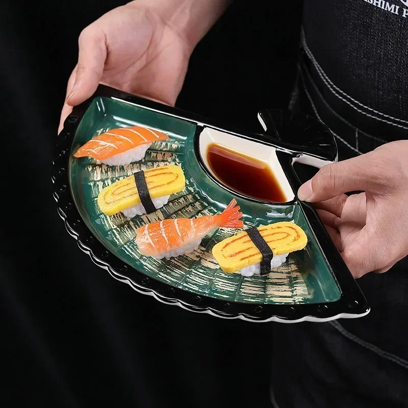 Ceramic Sushi Plate Grid Dumpling Plate with Vinegar Saucer Dipping