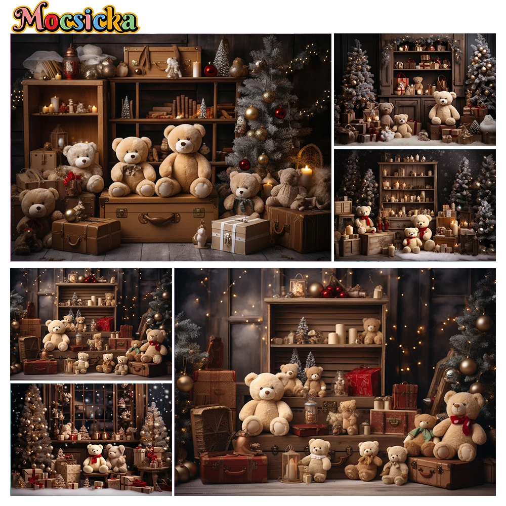 

Mocsicka Winter Christmas Photography Backgrounds Teddy Bear Xmas Tree Adults Family Kids Photo Backdrops Studio Props