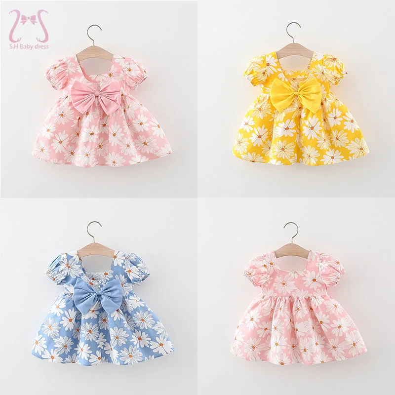 Sweet Baby Girls Dresses Flowers Puff Sleeves Children\'s Clothes Summer Fashion Bow Toddler Thin Kids Costume 0 To 3 Years Old