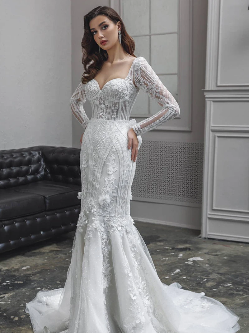 

Beach Elegant Mermaid Wedding Dresses Lace Applique Sweetheart Beads Bridal Gown Sweep Train Vestido De Noiva