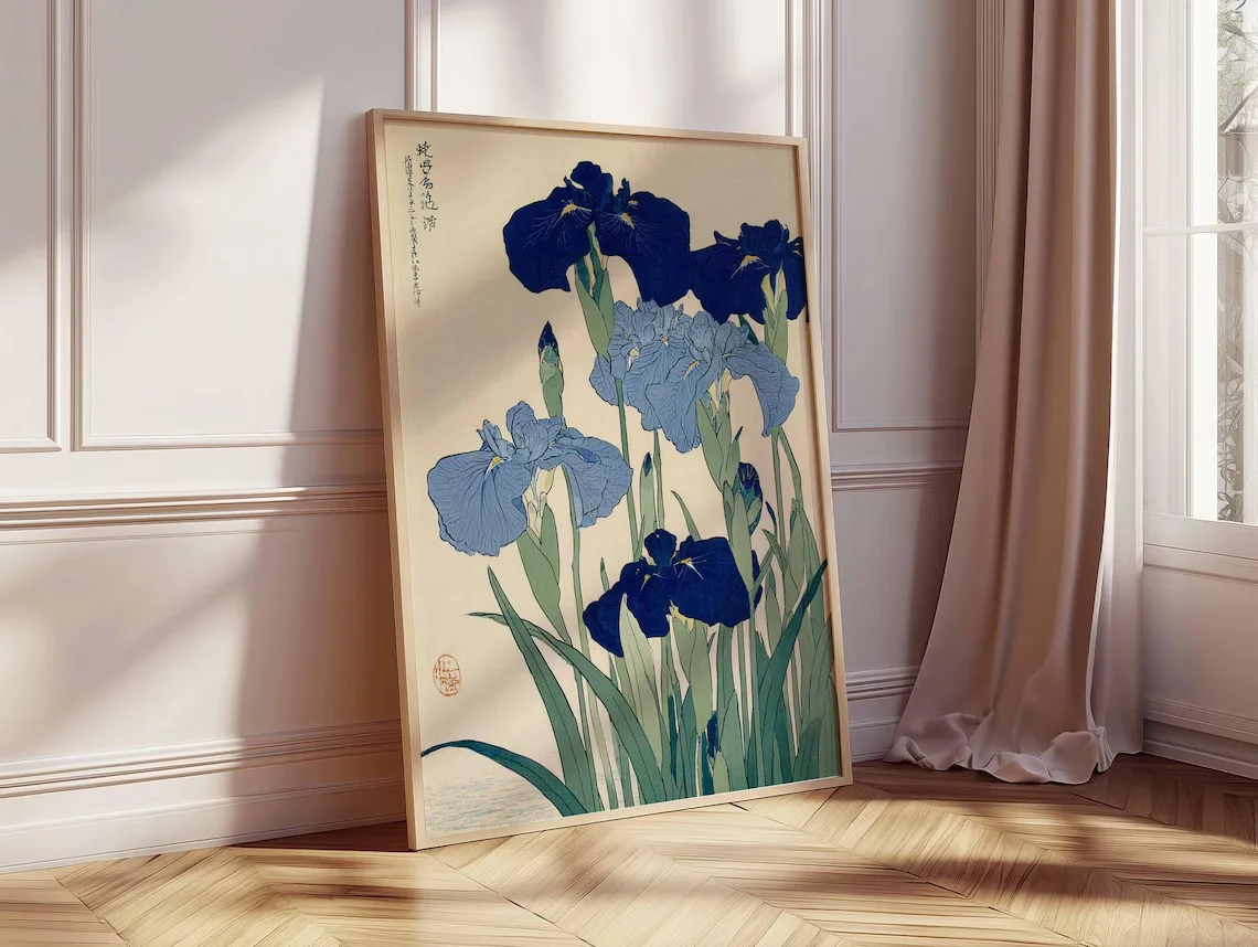 Elegant Blue Iris Ukiyo-E Wall Art -Nature Enthusiasts, or Anyone Who Loves Timeless, Understated Decor