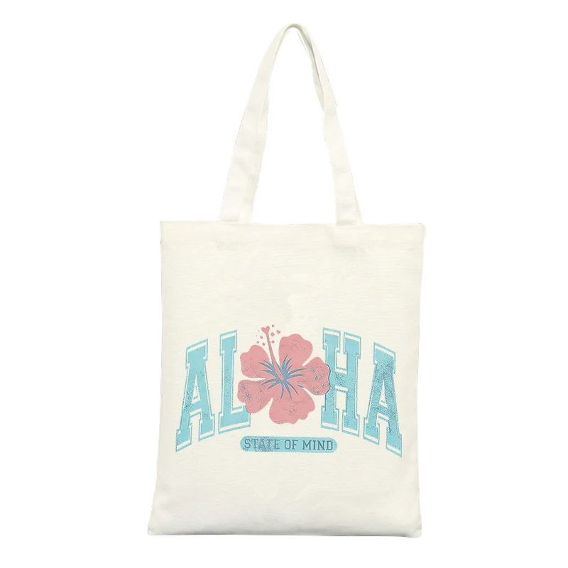 Hibiscus Flower and Letter Print Canvas Tote Bag, Vintage Style for Summer Outings and Casual Shopping