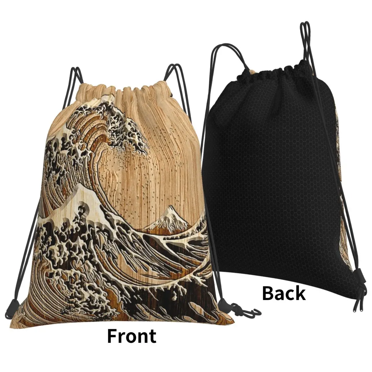 The Great Hokusai Wave In Bamboo Inlay Style Backpacks Fashion Drawstring Bags Sundries Bag Book Bags for Travel School