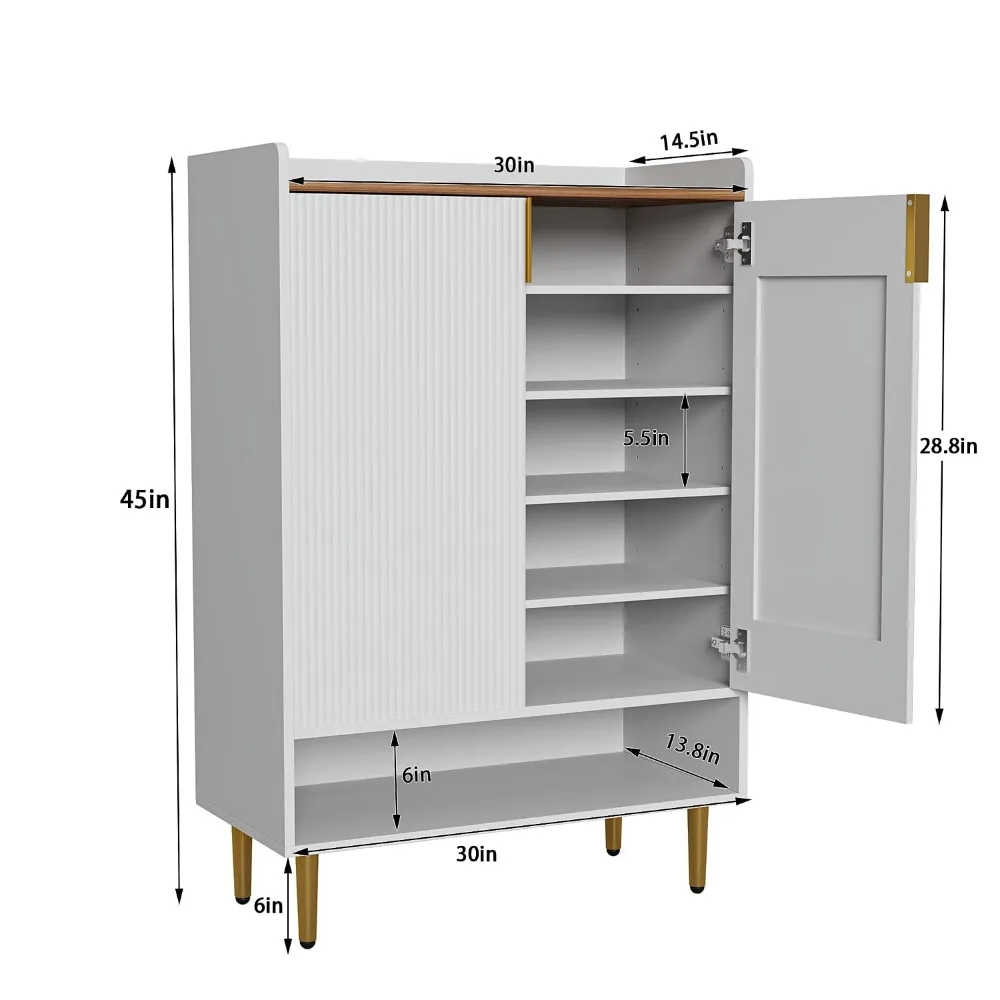 Modern White 45" Tall 7-Tier Fluted Doors Wooden Shoe Storage Organizer Cabinet, Custom