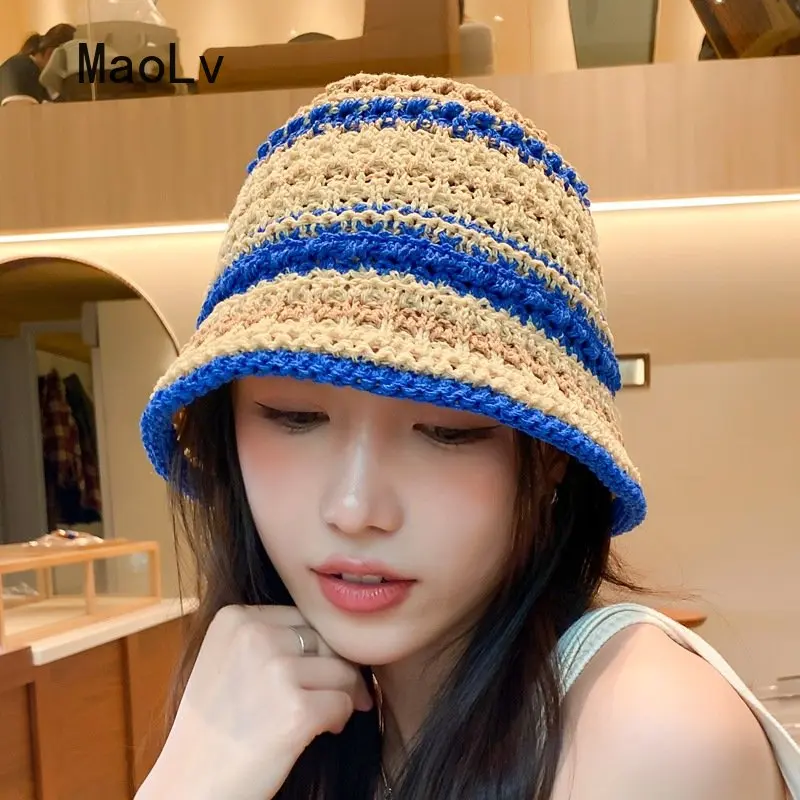 Ladies Rainbow Striped Hand Crochet Bucket Hat Straw Hand Summer UV Protection Beach Foldable Sun Hat Fashion Bucket Beach Hat