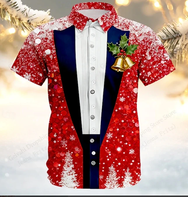 

Гавайская рубашка со снежинкой и галстуком-бабочкой, рубашка с 3D принтом «Рождественская елка», мужская и женская модная блузка с коротким рукавом для праздничной вечеринки, мужская одежда