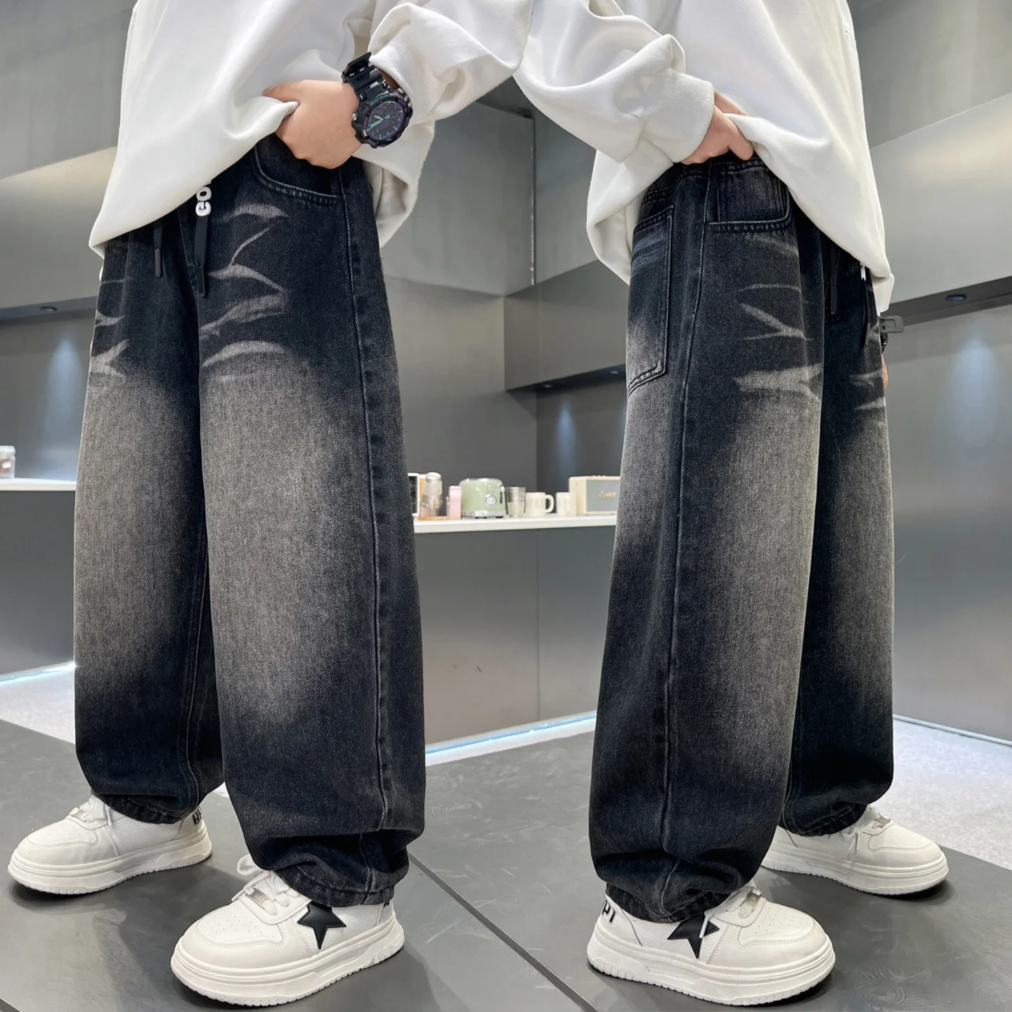 Korean Style Teenager Boys Loose Casual Baggy Gradient Jeans Pants for Children's Cool Distressed Denim Trousers For Kids 4-15Y