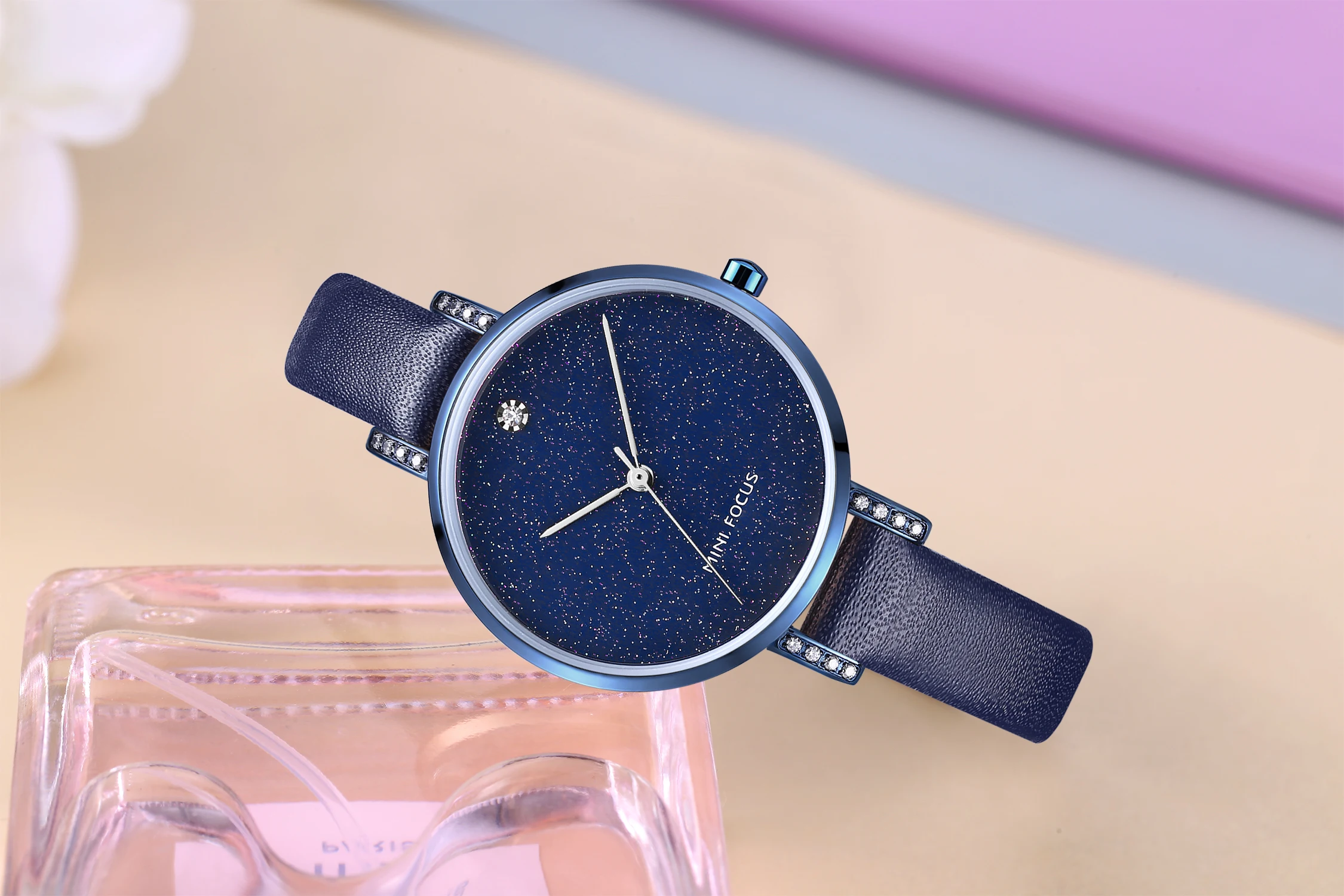 MINI FOCUS MF0159L Women Luxury Watch Diamonds Design Blue Genuine Leather Strap Waterproof Ladies Quartz Watches