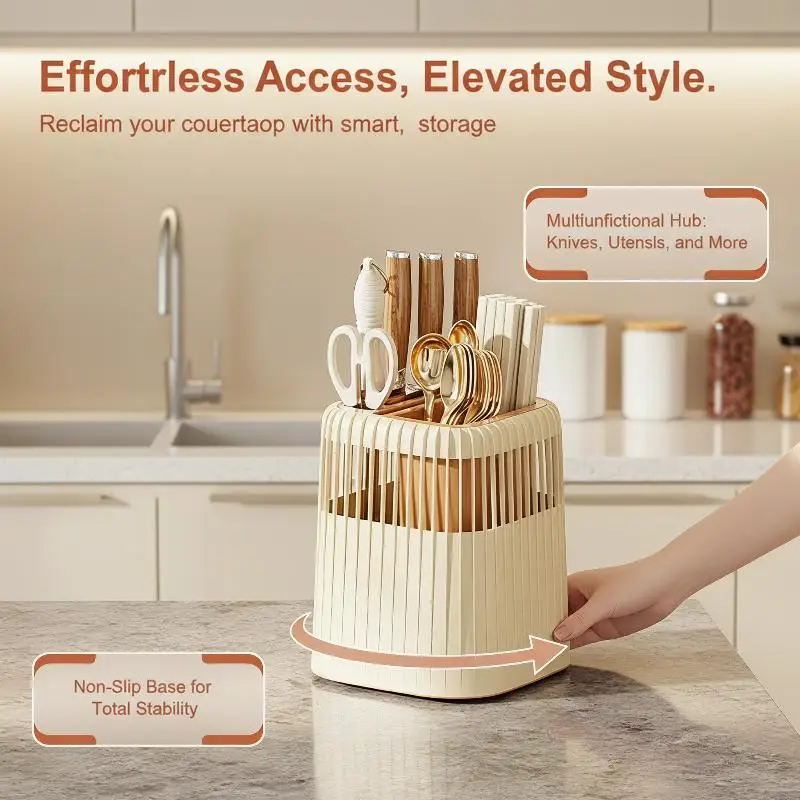 Household Kitchen Tableware Holder Rotating Drain Storage Rack Knife Fork Chopstick Multifunction Countertop Organizer