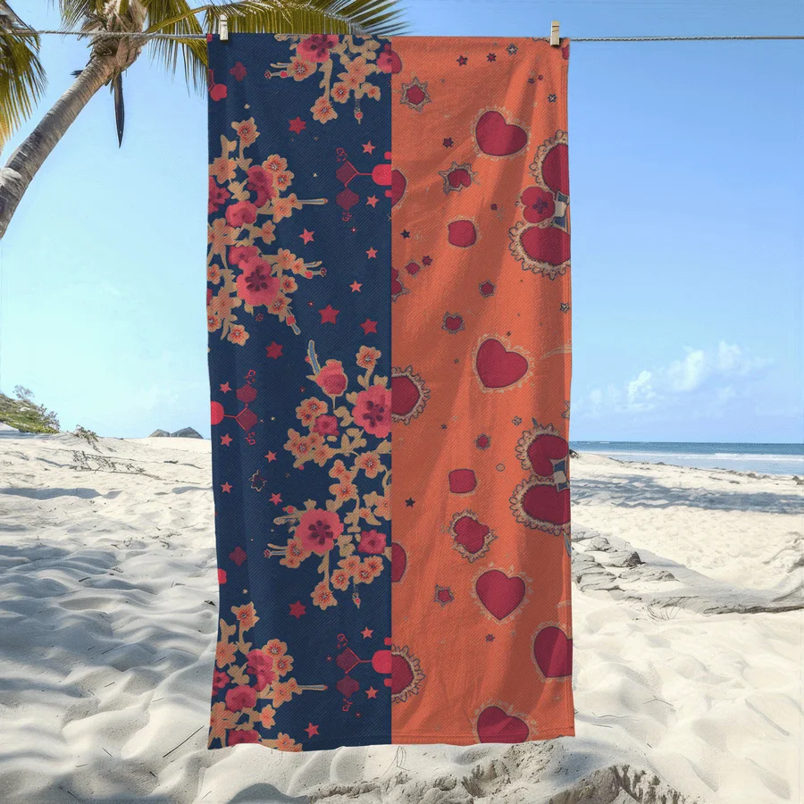 1pc Pink and Orange Flower Heart Pattern Beach Towel | Soft,Absorbent, Quick-Drying Polyester Blend - Ideal for Swimming,Camping