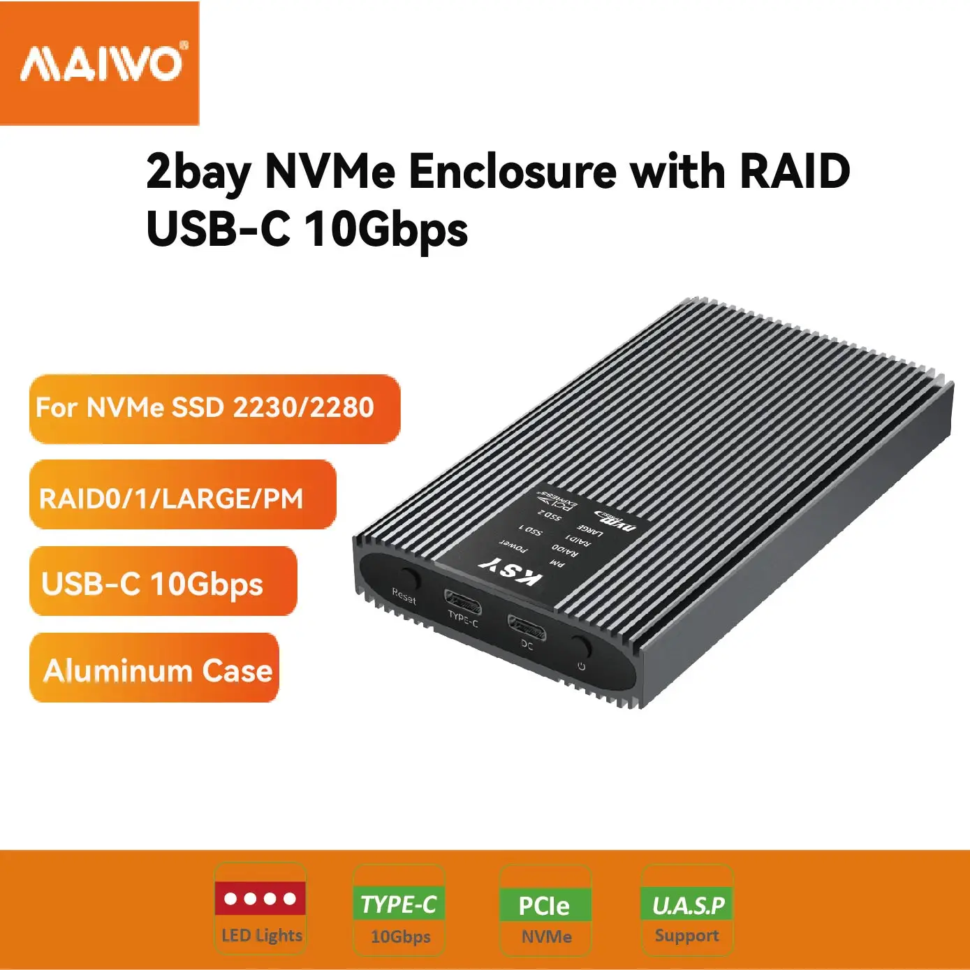 Ready to Ship Dual Bay NVMe SSD Enclosure Hardware RAID USB-C 10Gbps Aluminum M2 SSD Casing Large PM RAID 0 1 Tool Free