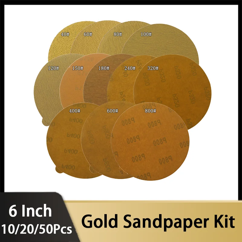 PSA/Adhesive Gold Sandpaper - 6inch 150mm Sanding Discs Aluminium Oxide 60 to 1000 Grits 10/20/50Pcs for Polishing & Grinding