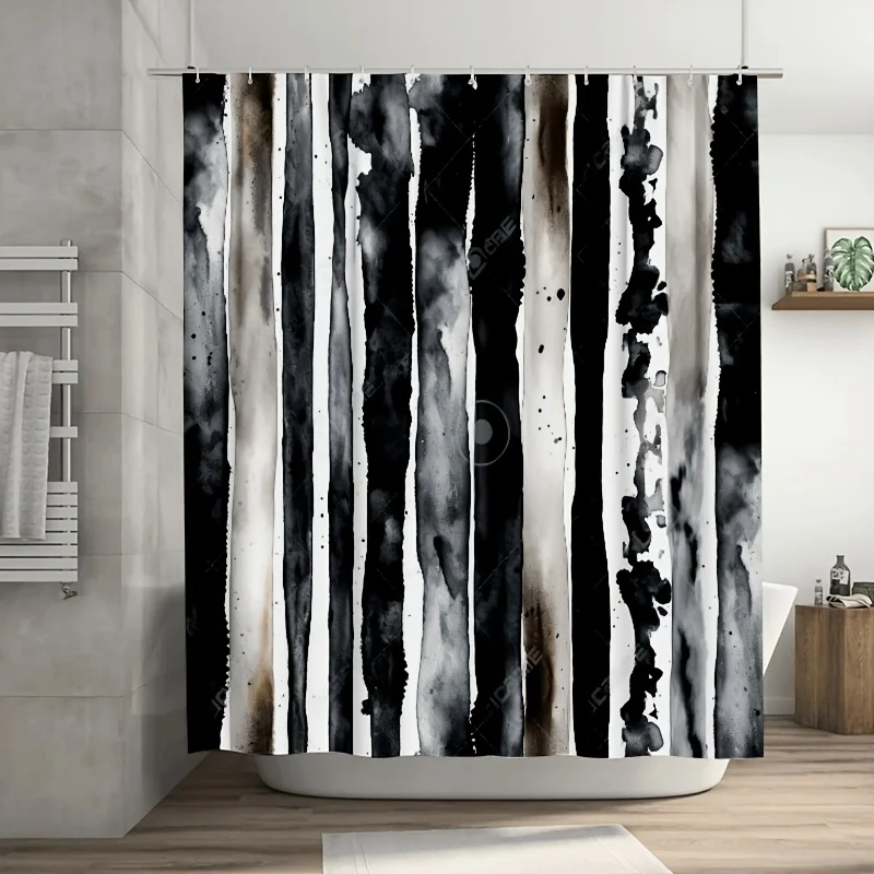 

Modern Black & White Vertical Stripe Shower Curtain - Durable Polyester, Easy Clean, Hooks Included for Bathroom Decor