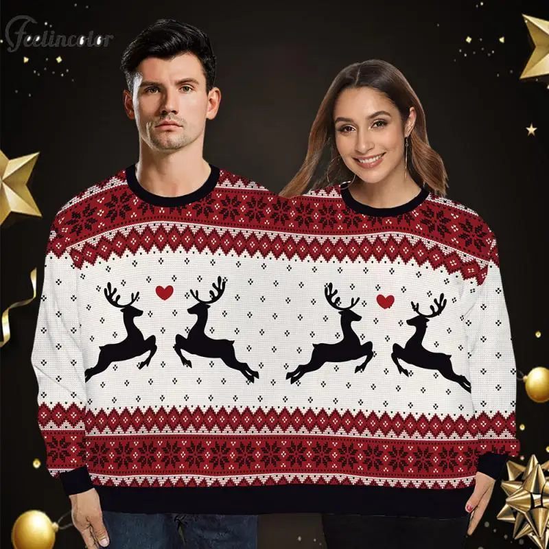 

Women Men Ugly Christmas Sweatshirts Xmas Deers Print Two Person Pullover Couple Long Sleeve Crewneck Hoodies Streetwear Clothes