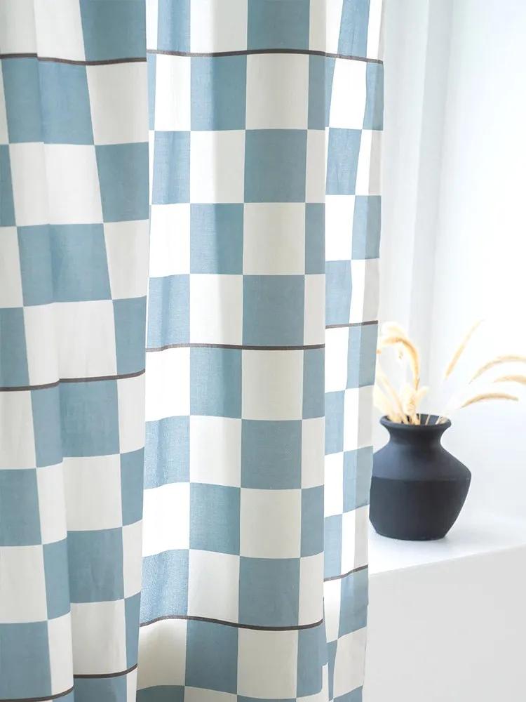 Ins Blue Checkered Curtains Korean Style Line Pattern Bedroom Bay Window Curtain Semi Blackout No Punching Required