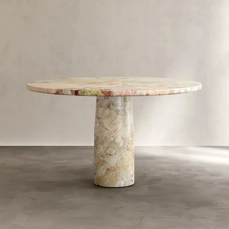#Premium Italian Travertine Marble Round Dining Table, Modern Natural Stone Furniture with Sculptural Tapered Pedestal Base
