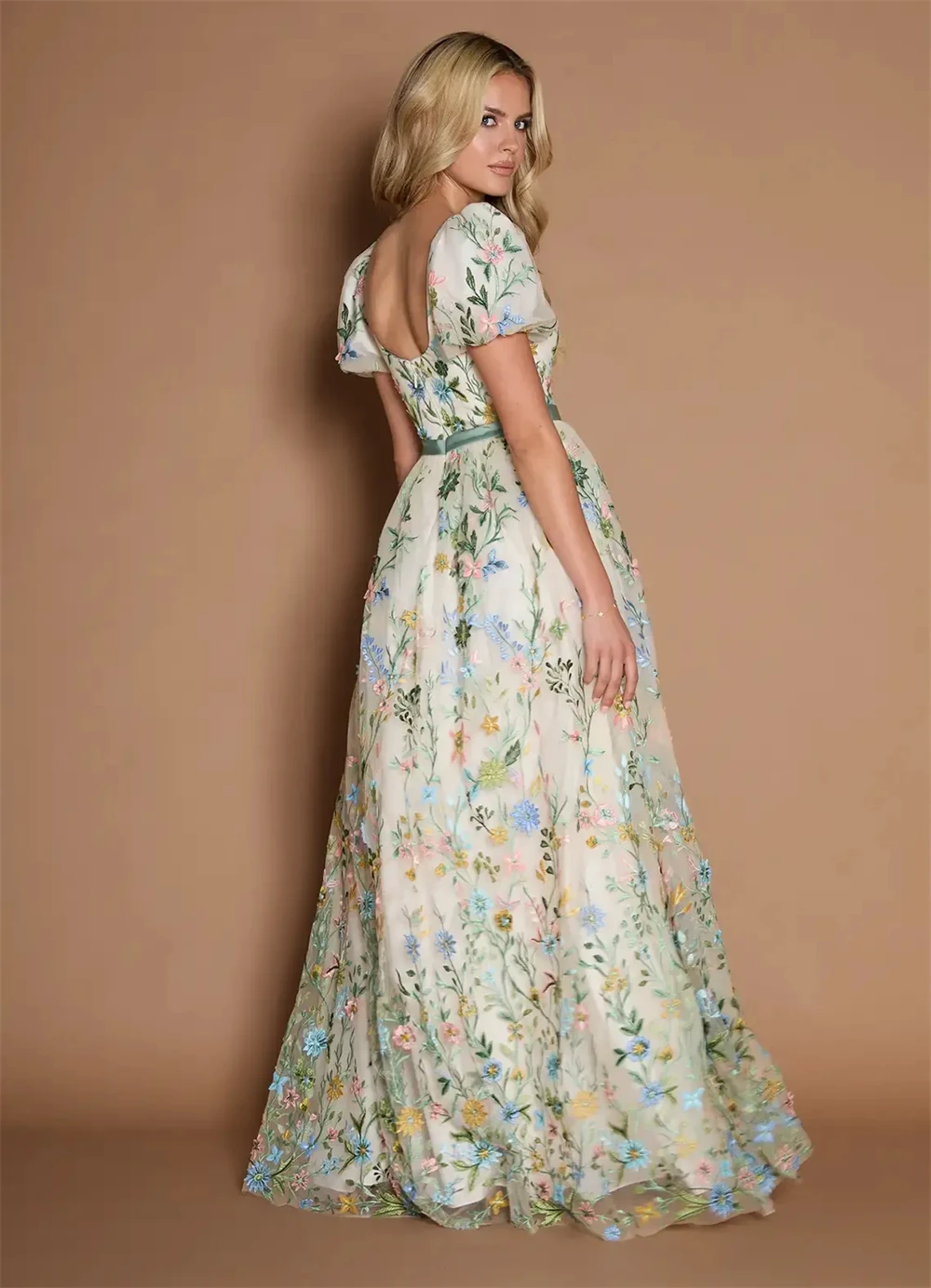 Contessa Custom evening dress wedding guest dress romantic floral embroidered tulle A line V neck puff sleeve floor length gown