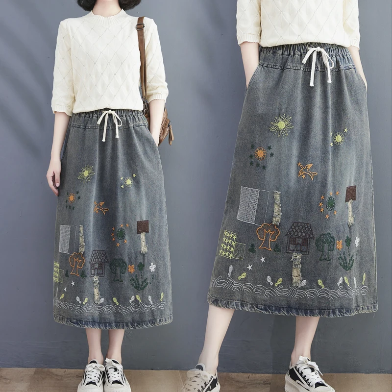 

Spring Autumn New Embroidered Denim f Skirt Women's Mid-Length A-Line High Waist Slimming Versatile Midi Skirt